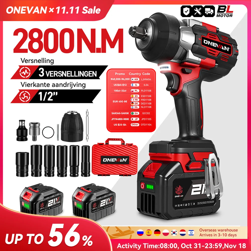 ONEVAN 2800N.M 2800W 브러시리스 전기 임팩트 렌치 1/2인치 무선 렌치 스크루드라이버 파워툴 (마키타 18V 배터리 핀용)