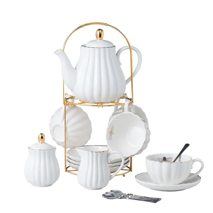 

8 OZ Fine China White Coffee Cup Teacup Set, Cups amp Saucer, with TeapotSugar BowlCream Pitcher Teaspoons and tea strainer for