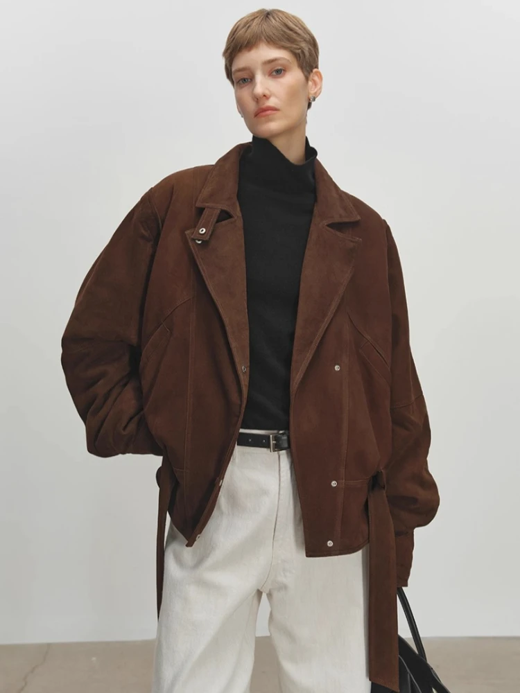 سترات كلاسيكية من جلد الغزال الطبيعي للنساء لخريف وشتاء 2025 معطف مبطن بسيط فضفاض من جلد الغنم الحقيقي مع حزام #6