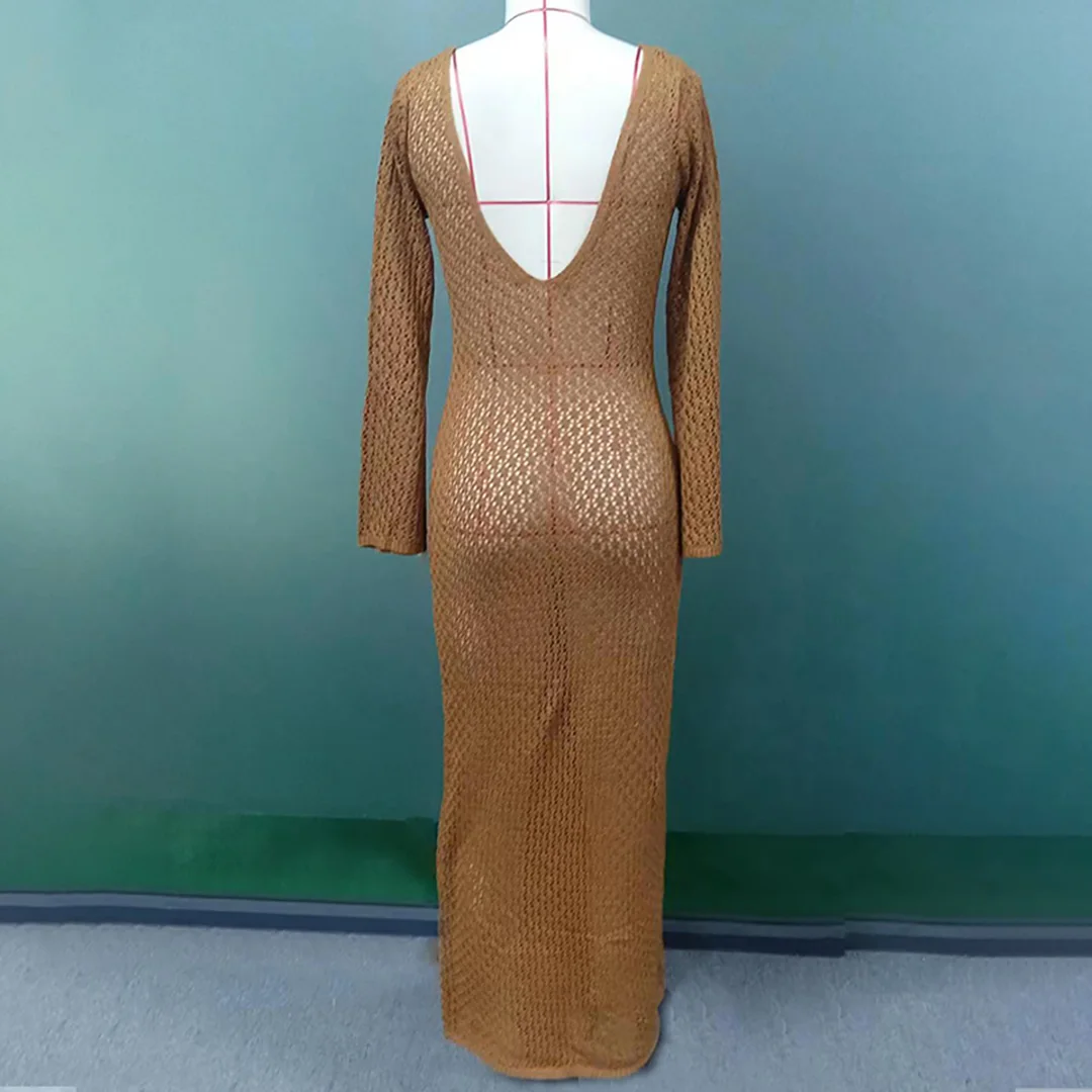 8 Farben, V-Ausschnitt, langärmeliges, gehäkeltes, gestricktes Tunika-Strandkleid, Strandmode, Strandbekleidung, Strand-Cover-up, Damen, V5046 – Detail 26