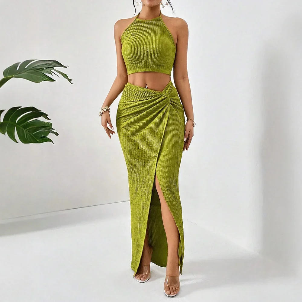 Sets Lente Zomer Fitting Slanke Elegante Effen Split Mouwloos Halter Hals Natuurlijke Taille Maxi Party Sets voor Dames