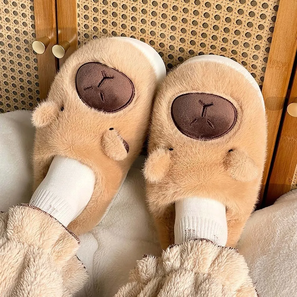 

Casual Soft Capybara Furry Slippers Thickened EVA Cartoon Cotton Slippers Solid Color Warmer Home Cotton Shoes Cold Weather