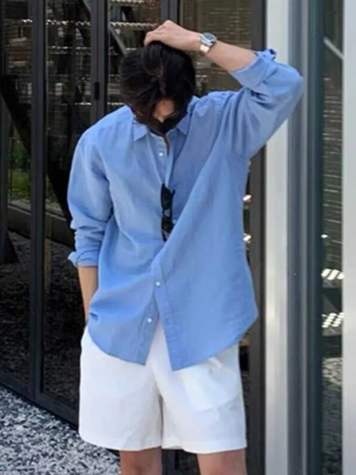 

Lavender Blue Men's Long Sleeve Shirt Pure Color Drapey Style Lazy Fashion Outerwear Youthful Feel Loose Fit Ice Silk Shirt