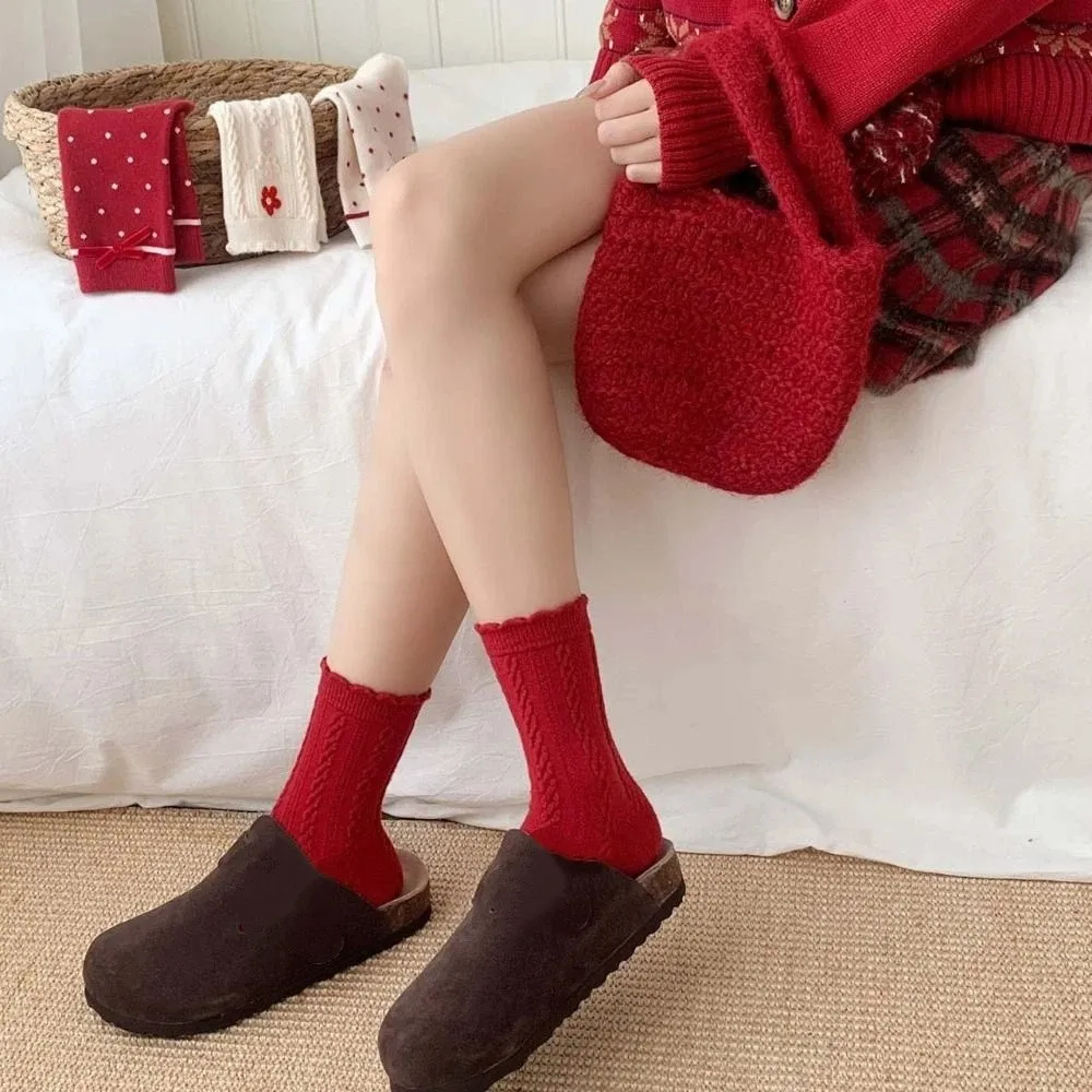 

Fashion Bowknot New Year Women's Socks Dots Flower Autumn Winter Red Socks Ruffle Mid Tube Sweet Girls Sock Wedding