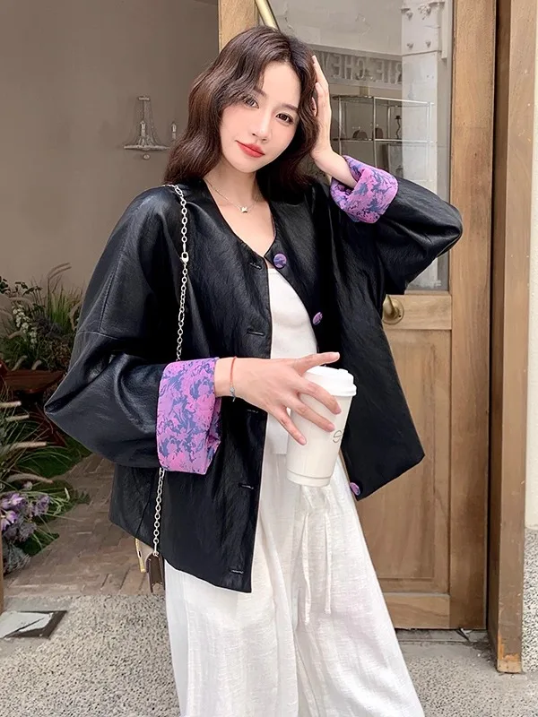 เสื้อคลุมผู้หญิงสไตล์จีนแบบใหม่ สวมใส่ได้สองด้าน ทรงหลวม แฟชั่น ตกแต่งลายปักดอกไม้แบบ Patchwork