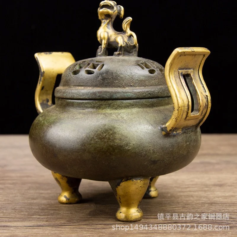 Pure Copper Antique-Style Gilded Three-Legged Flat-Eared Lion Incense Burner Ornament for Office Living Room Shop Desktop Decora