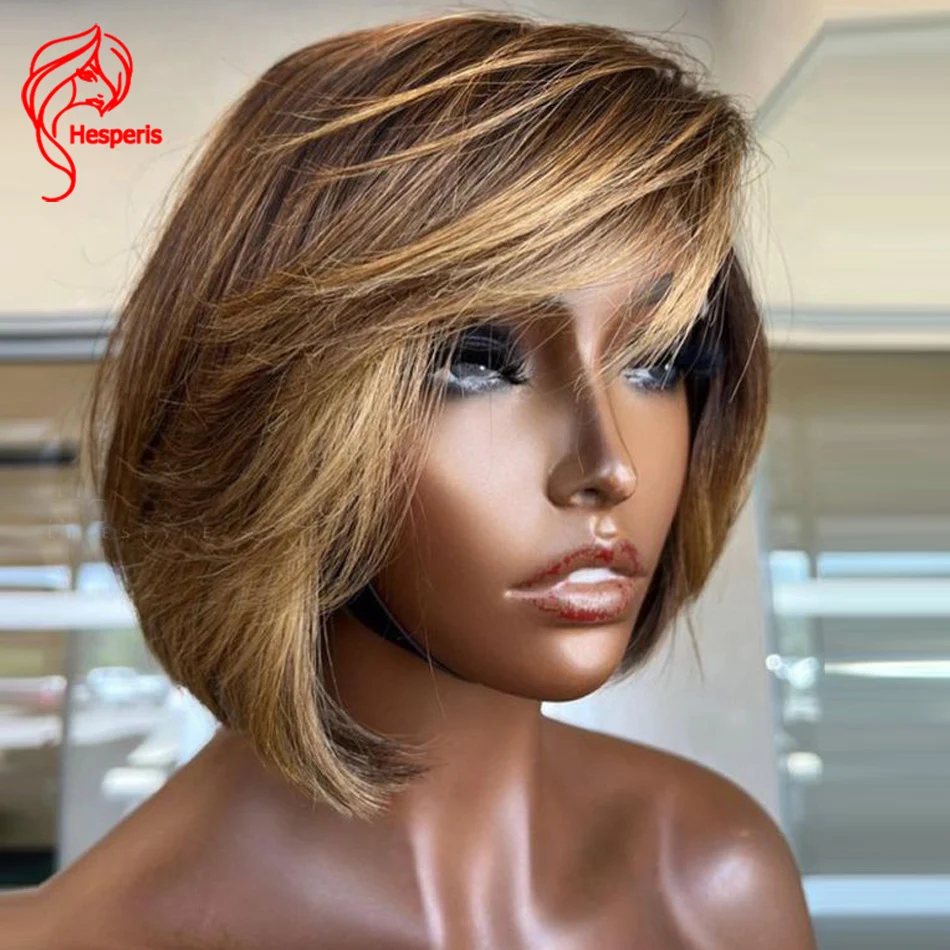 Hesperis Blonde Highlight Human Hair Wigs Side Part Pixie Cut Brazilian Remy13x6 Short Bob Lace Front Wig PrePlucked Wear And Go