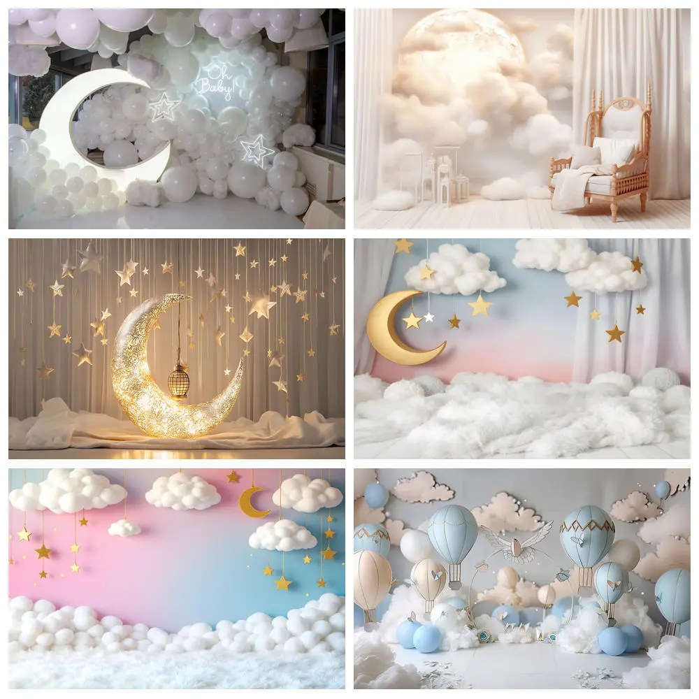 

Newborn Baby 1st Birthday Backdrop For Photography Clouds Stars Moon Air Balloon Girl Boy Portrait Background Decor Photo Studio