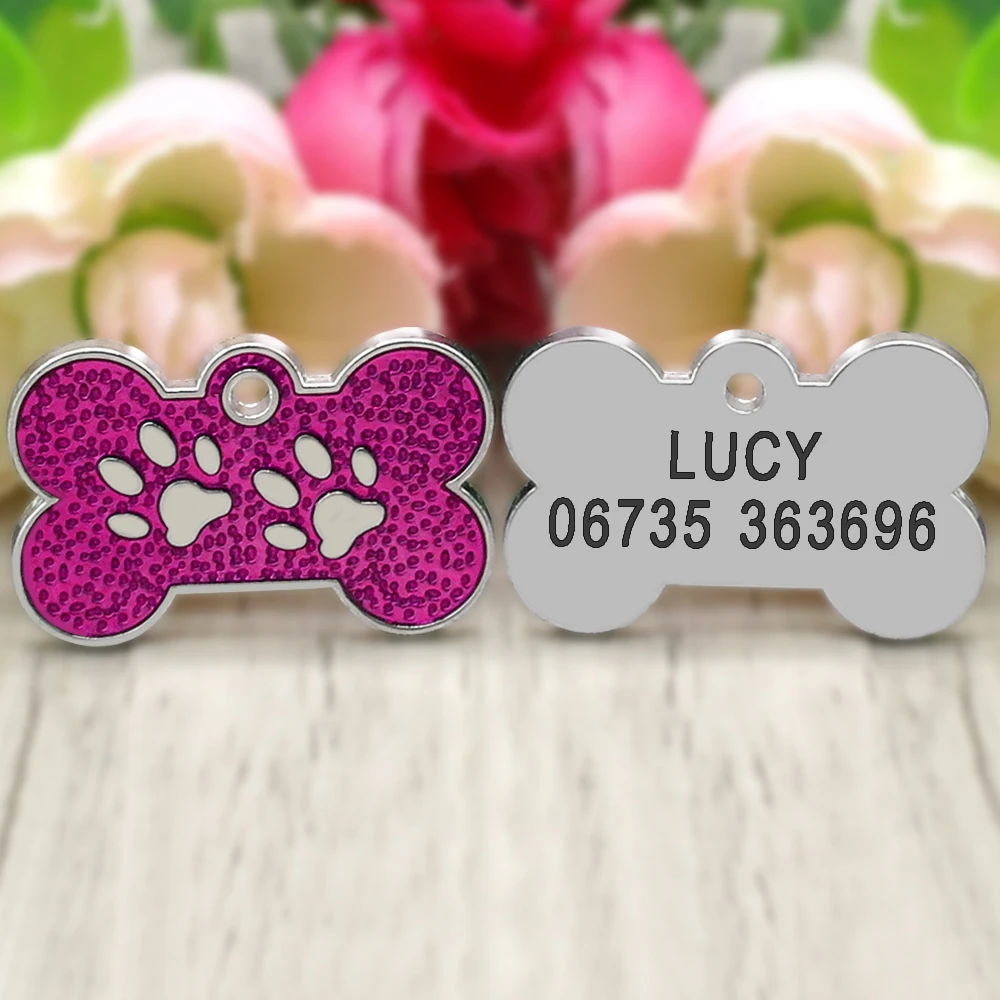 Dog Cat ID Tag Glitter psy koty wisiorek z imieniem tagi spersonalizowane obroża dla zwierząt akcesoria Anti-lost Bone & Paw tagi dla małych psów Cat