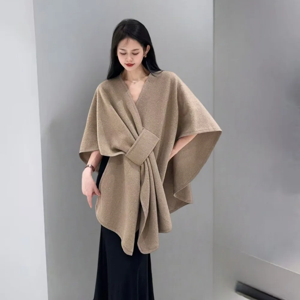 

Элегантная однотонная накидка-шаль из смеси шерсти, мягкое флисовое пончо с короткими рукавами, свободный крой, открытый кардиган