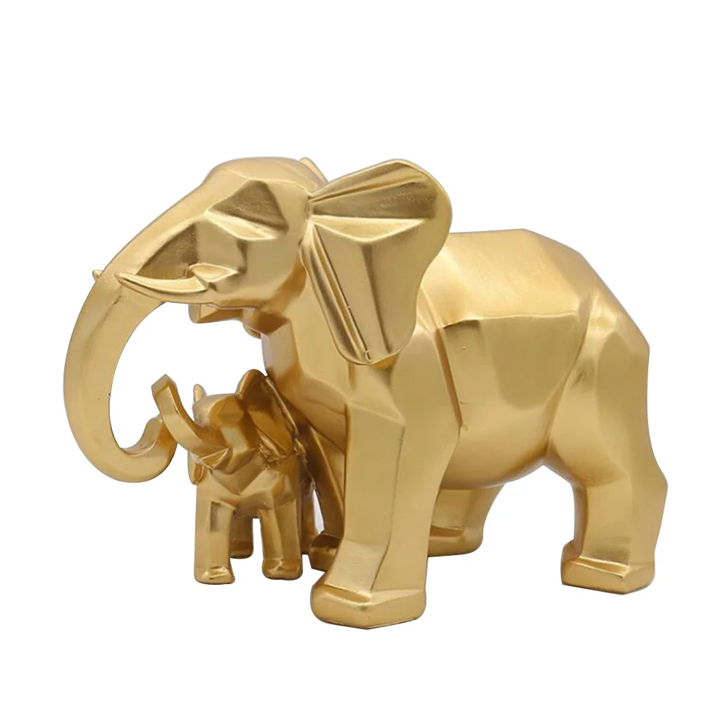 

Golden Resin Elephant Family Sculpture Geometric Animal Design Fine Detail Home Office Garden Decoration Ornament Gift