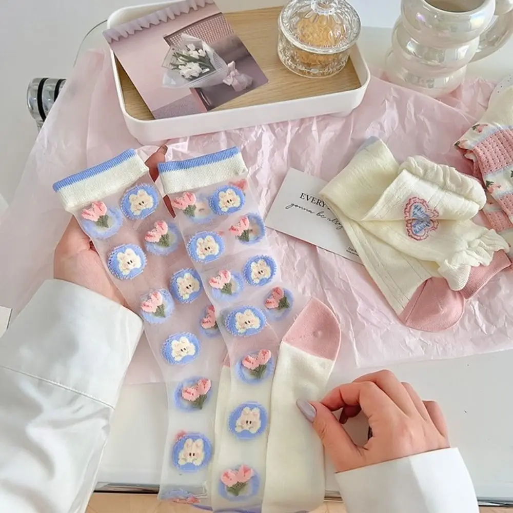 Cute Glass Silk Socks Summer Cartoon Korean Style Fashion Kawaii Socks For Women Breathable Thin Soft Transparent Flower Socks