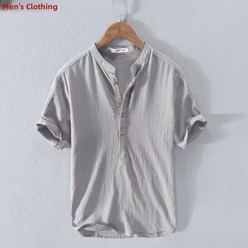 

Summer Thin Cotton Linen Short Sleeve Shirt Men Loose Stand Collar Overhead Shirt Breathable Casual Large Size Clothing