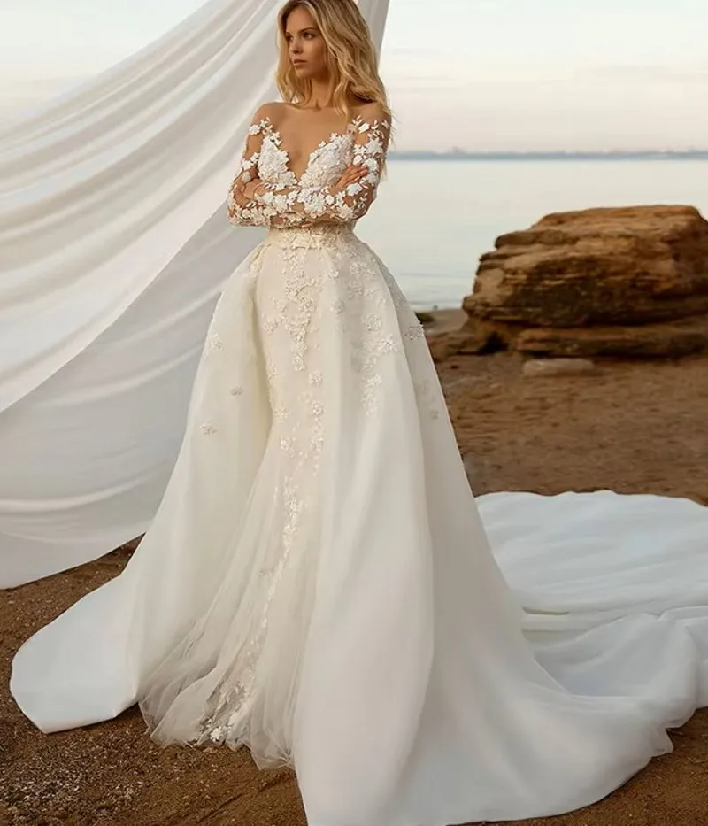 انفصال 2 in1 الدانتيل الأبيض فساتين الزفاف أنيقة المرأة مثير الخامس الرقبة عارية الذراعين حورية البحر الدانتيل يزين تول زي العرائس Vestido