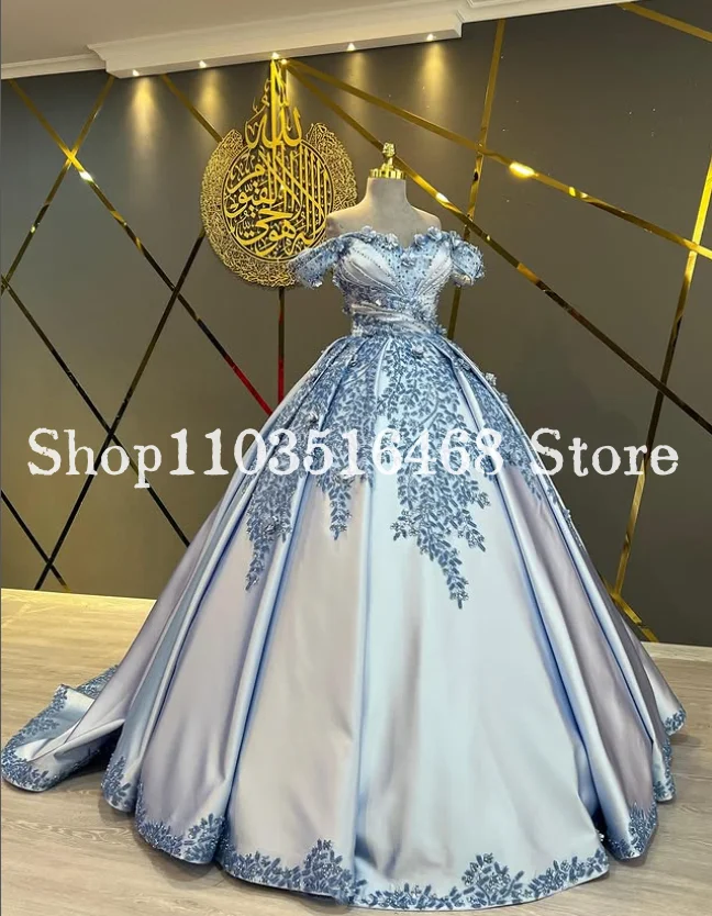 

Custom Elegant Middle Eastern Evening Dress Luxurious Floral Applique Off-the-Shoulder Satin A-Line Arabic Engagement Prom Dress
