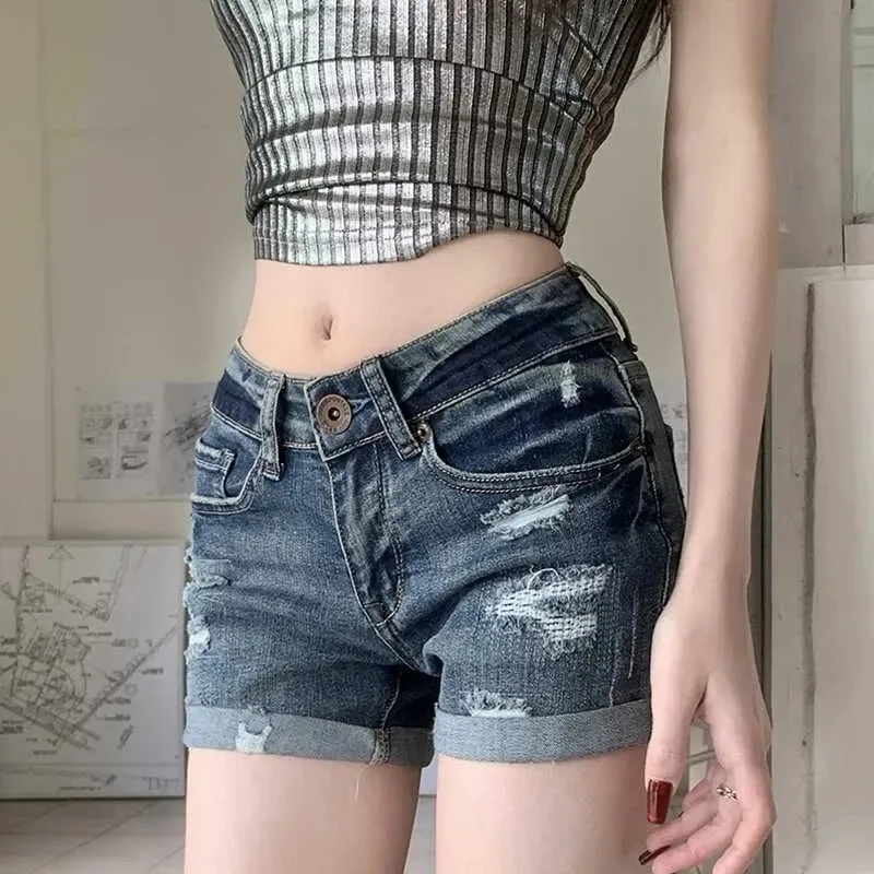 

Женские джинсовые шорты с эффектом потертости, высокая талия, облегающий крой, с подвернутым краем, модные шорты