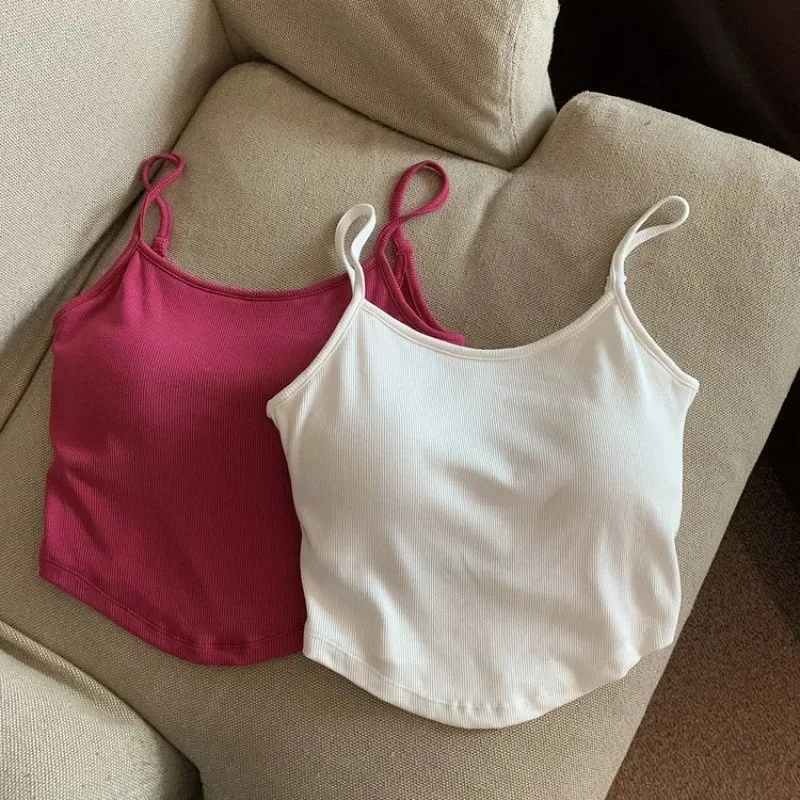 Summer Short Sexy Backless Solid Cotton Tank Top Women Spaghetti Strap Camisole Hollow Out Fixed Cup Bottoming Simple Underwear