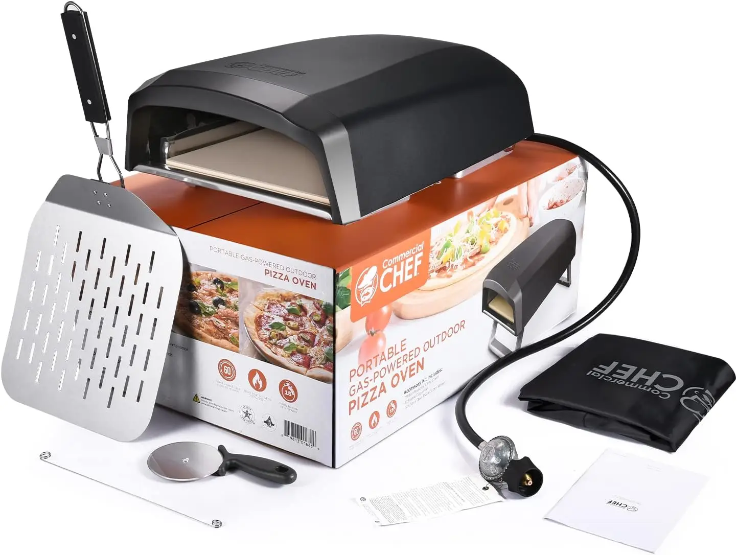 Outdoor Gas Pizza Oven - Portable Propane Pizza Maker with Door, Peel, Stone, Cutter, and Cover - L-Shaped Burner, Foldable Legs