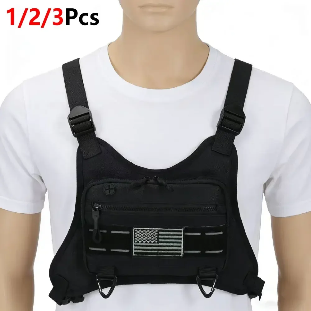1/2/3Pcs Adjustable Tactical Chest Rig Bag, Breathable Mesh Sports Chest Vest Pack, Multi Zipper Pockets Outdoor Hiking Running