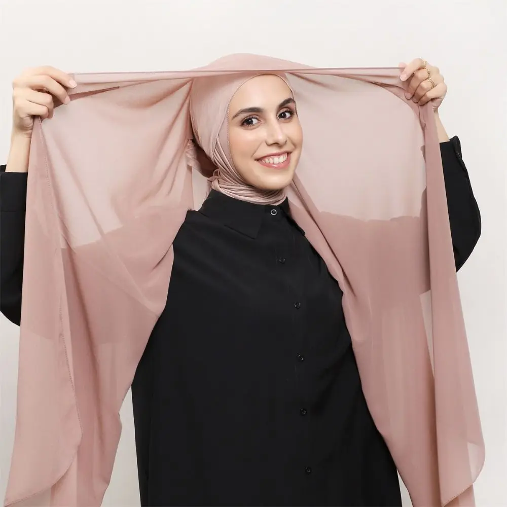 

2in1 Instant Chiffon Hijab Scarf Bulit-In Magnets with Undercap Women Chiffon Shawl Breathable Full Cover Muslim Long Headscarf