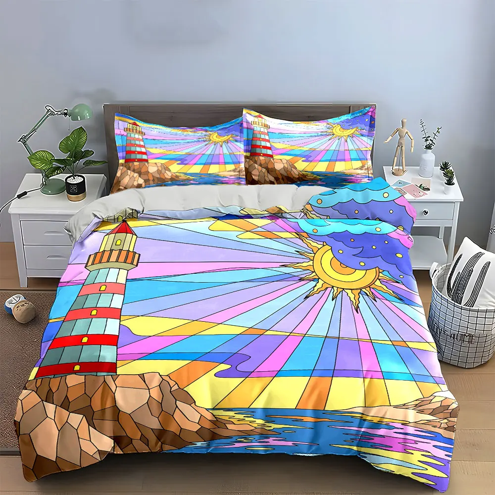 Lighthouse Coastal Scenery Art Decor Bedding Set with 1 Duvet Cover 2 Pillowcases Single Double King Queen, Gift