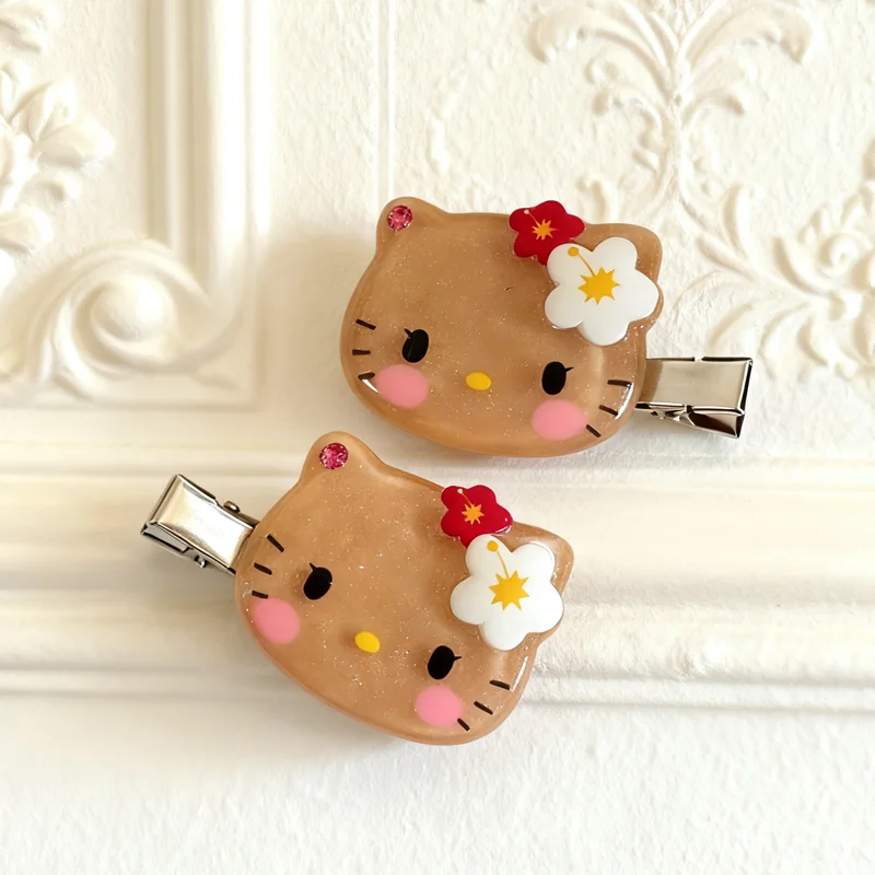 1/Pairs New Cartoon Summer Hawaiian Black Leather Kitty Hair Clip Cute Girly Hello Kitty Side Hair Card Clip Jewelry Hairpin view 4