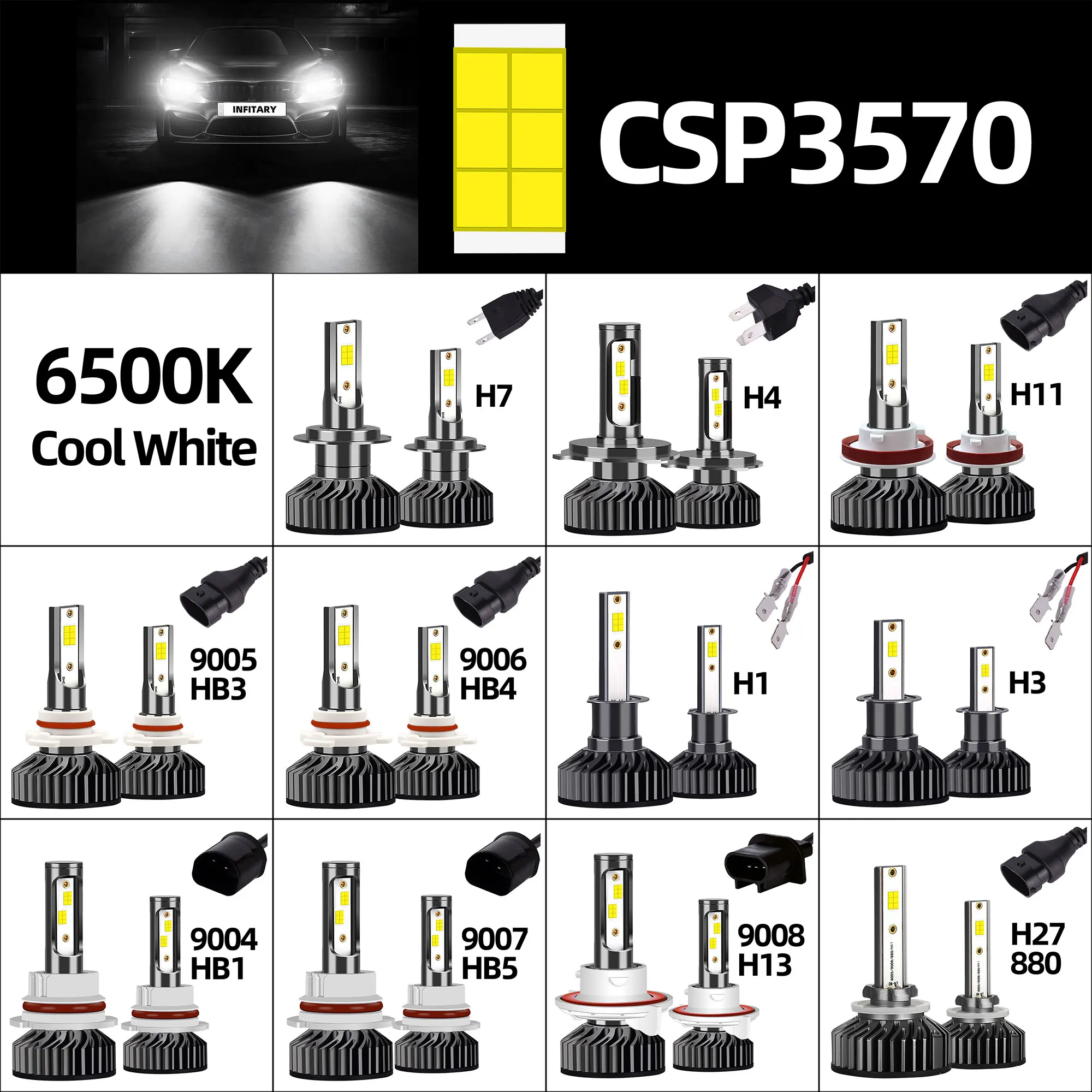 Infitary H4 H7 LED Car Headlight Bulb 30000LM CSP3570 H1 H3 H11 H13 H27 880 9005 HB3 9006 HB4 9007 Light for Vehicle Auto CANBUS