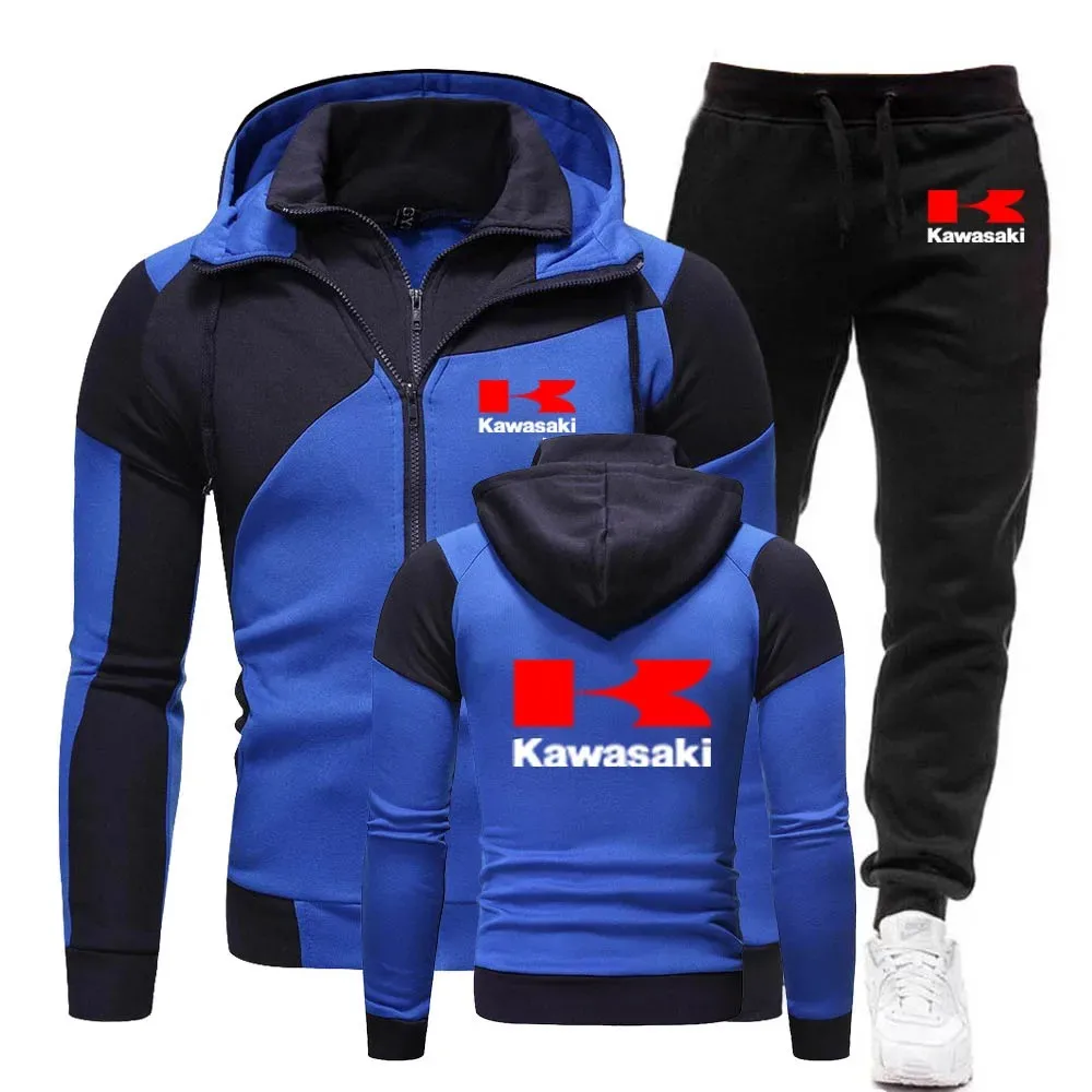 

2025 New Spring and Autumn Leisure Kawasaki Logo Racing Team Men's Double Zipper Set Hooded Sports Shirt Pants Set Couple Motor