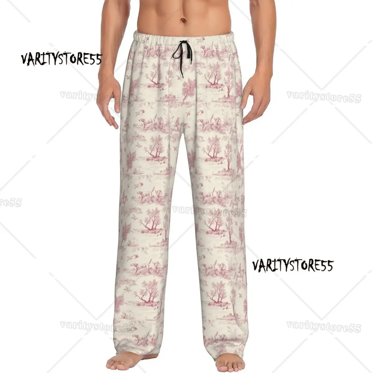 

Custom Printed Men's Toile De Jouy Red Pajama Pants Cream Vintage Parisian Sleepwear Sleep Lounge Bottoms with Pockets