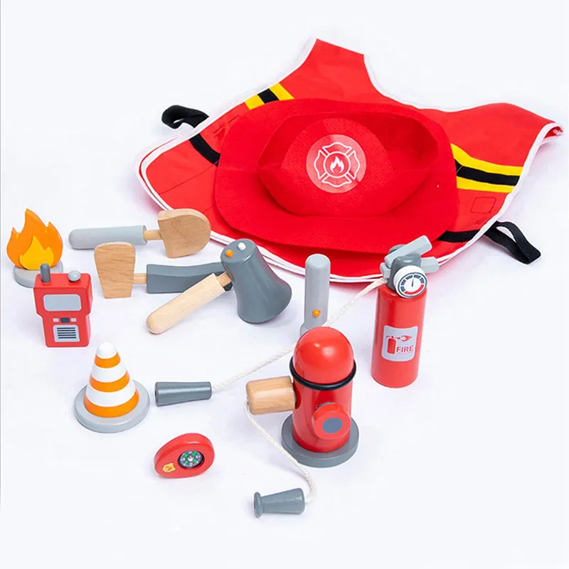 Fireman Role Play Set Costume Cosplay Simulation Wood Toys Boys Girls Interactive Games Children's Day Gifts Wooden Toy for Kids