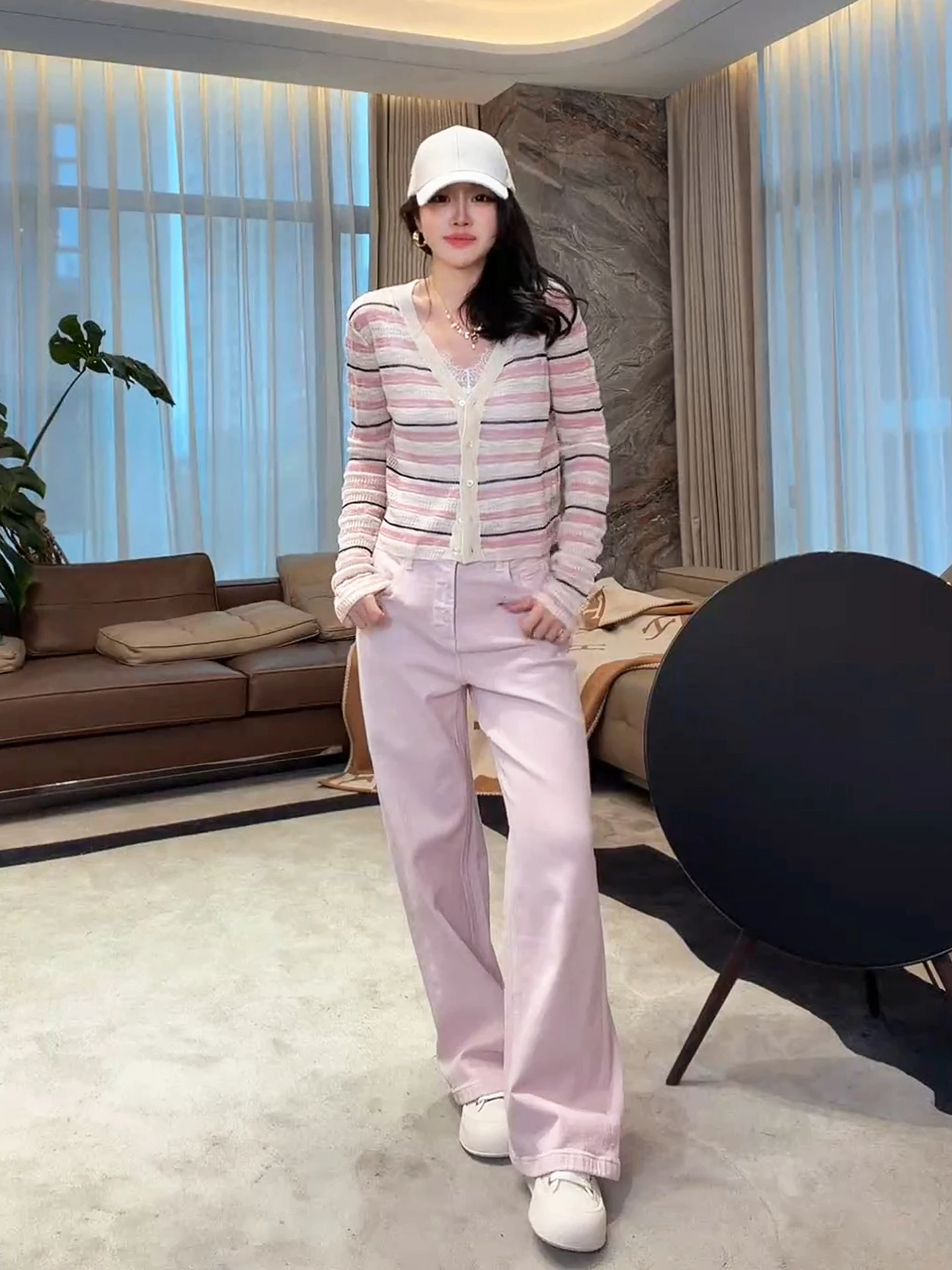 

Loose Striped Breathable Slimming Casual Cotton Knitwear Ladies Afternoon Tea Fashionable Open Cardigan Soft Regular Fit