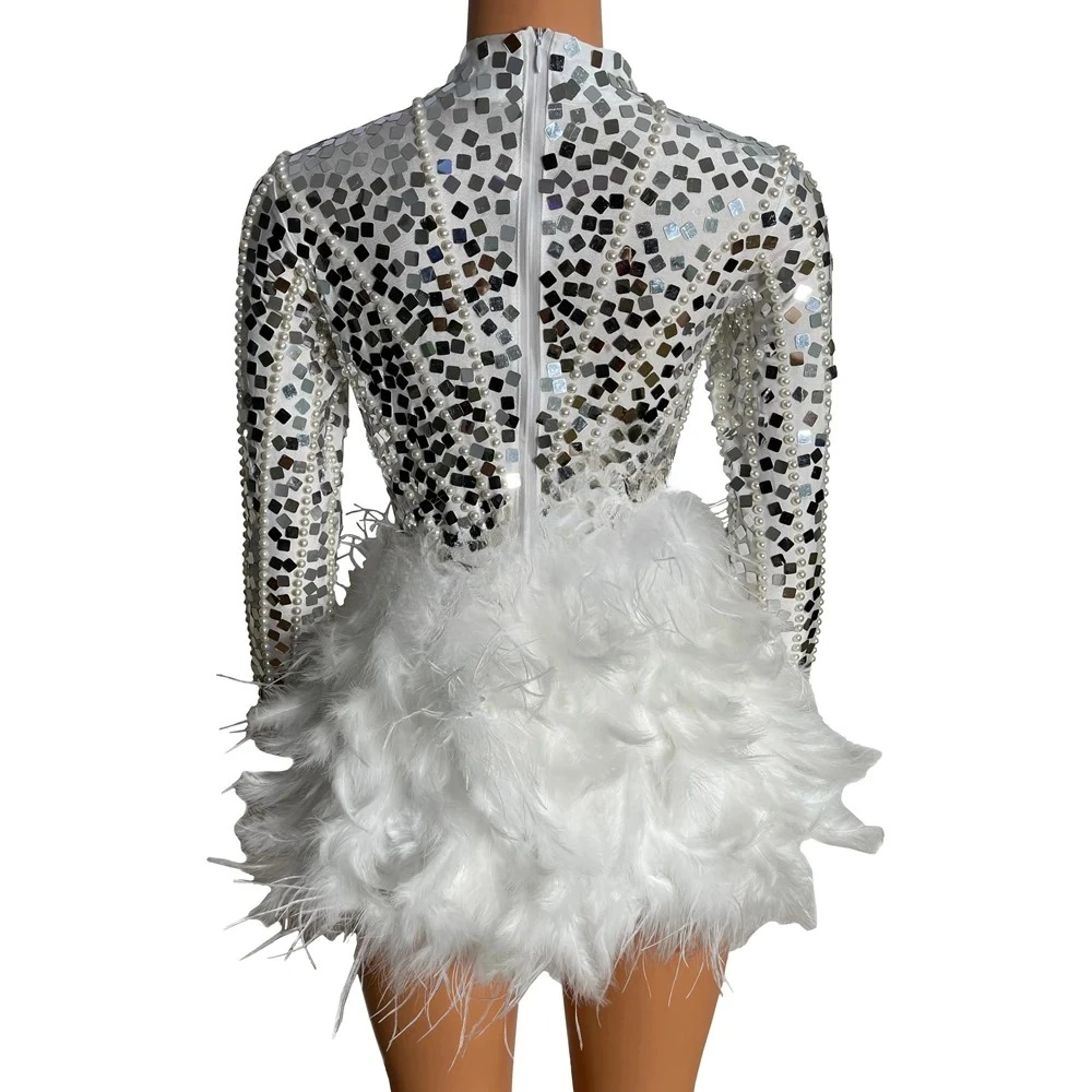 Women Sexy Nightclub Outfit Performance Dance Costume Stage Wear Sparkly Silver Sequins Pearl White Feathers Bodysuit 2 PCS Set