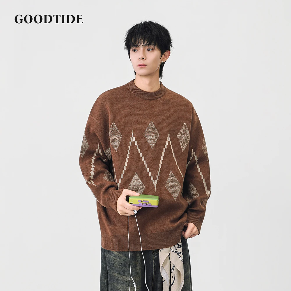 Fashion Men's Casual Crew Neck Sweater 2025 Winter New Argyle Pattern Knitted Pullover Comfortable Soft Long Sleeve Jumper Top