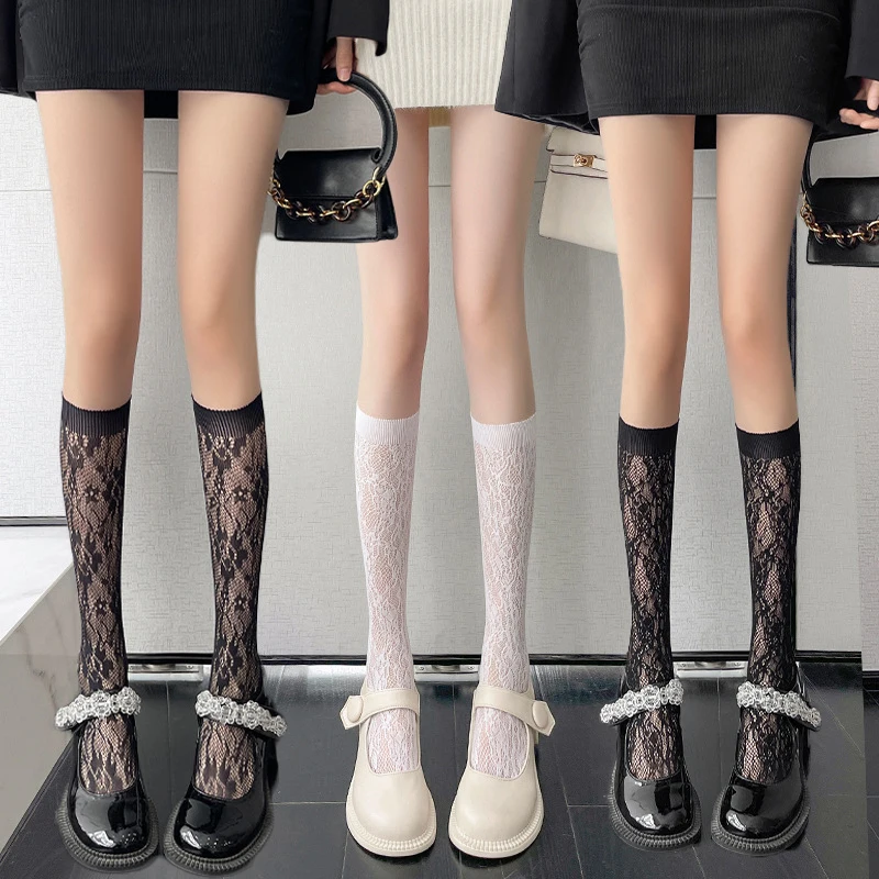 Lace Flower Print Long Socks Lingerie Sexy Mesh Fishnet High Knee Sock Women Summer Thin Transparent Lolita Kawaii Calf Socks