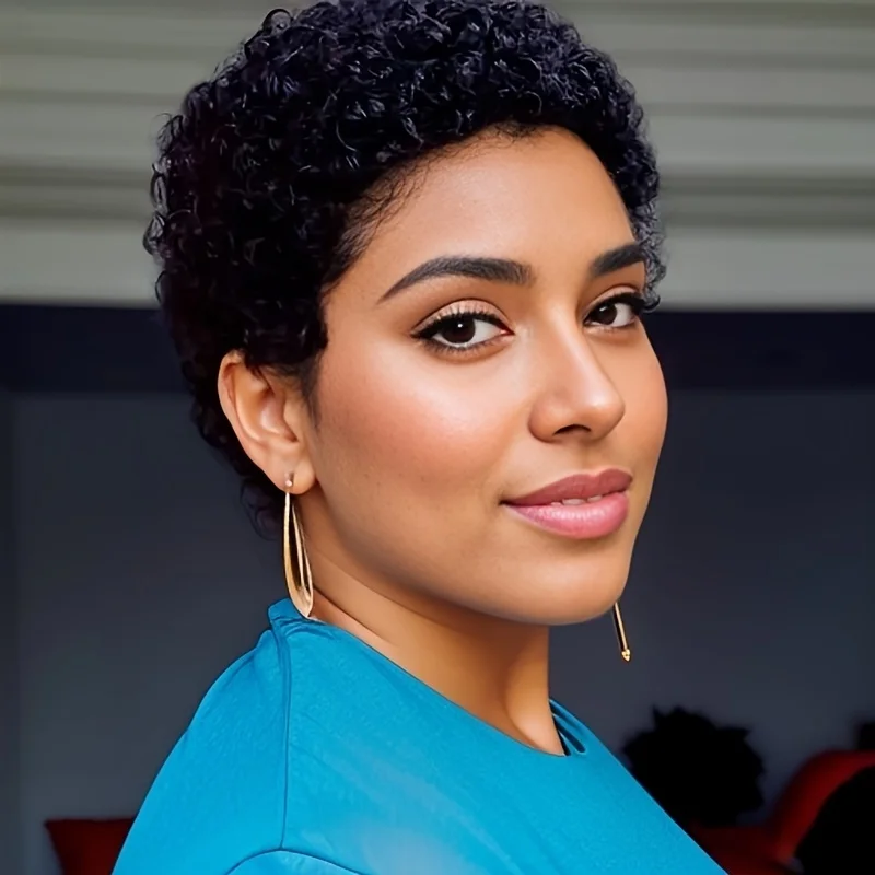 

Short Kinky Curly Human Hair Wig Brazilian Remy Full Machine Made wig Human Hair Wigs For Women 6 inch 1B Color