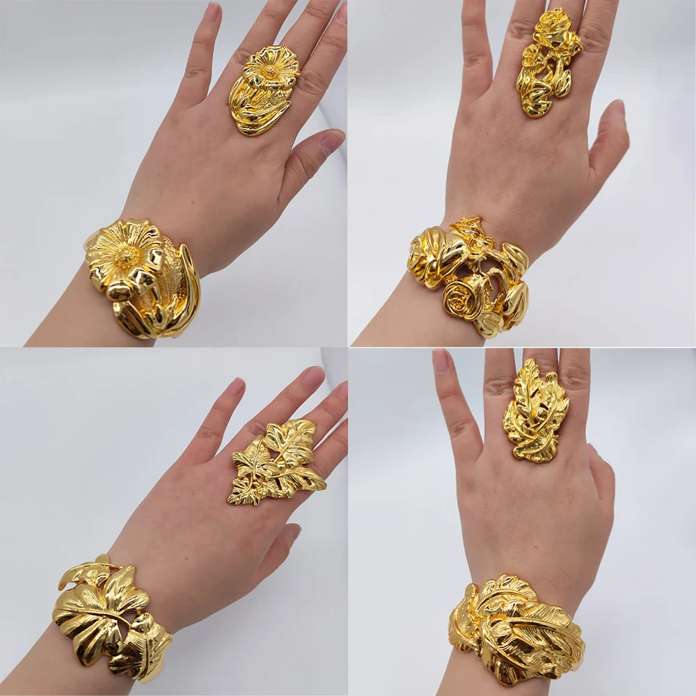 Luxus 18 Karat vergoldet Armband Ringe Kupfer Schmuck-Set Party Frauen verstellbare Ringe Blume exquisite Armreif Hochzeit 2023 neu – Detail 1