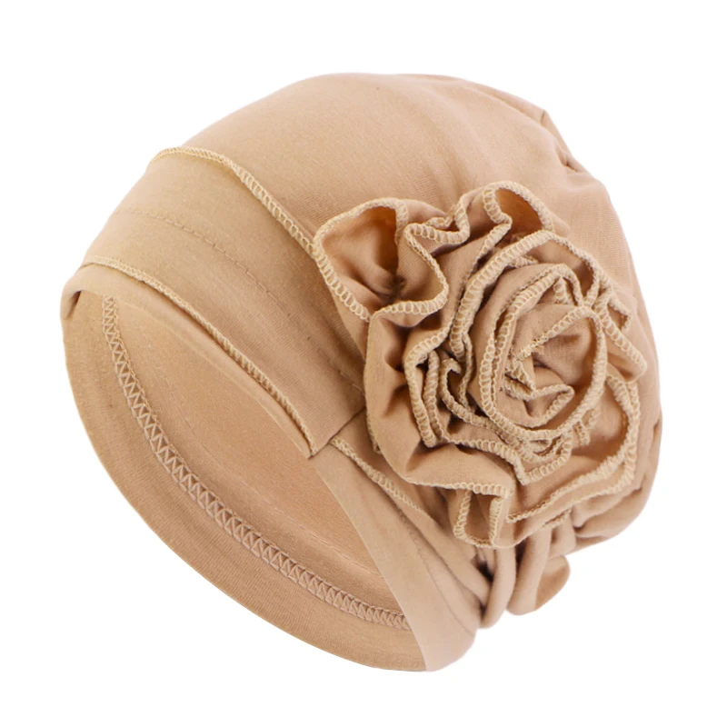 New Women\'s Elegant Solid Color Ruffle Flower Turban Hat Stretchy Comfortable Headwear Chemo Hat Casual Beanie Cap Head Wrap