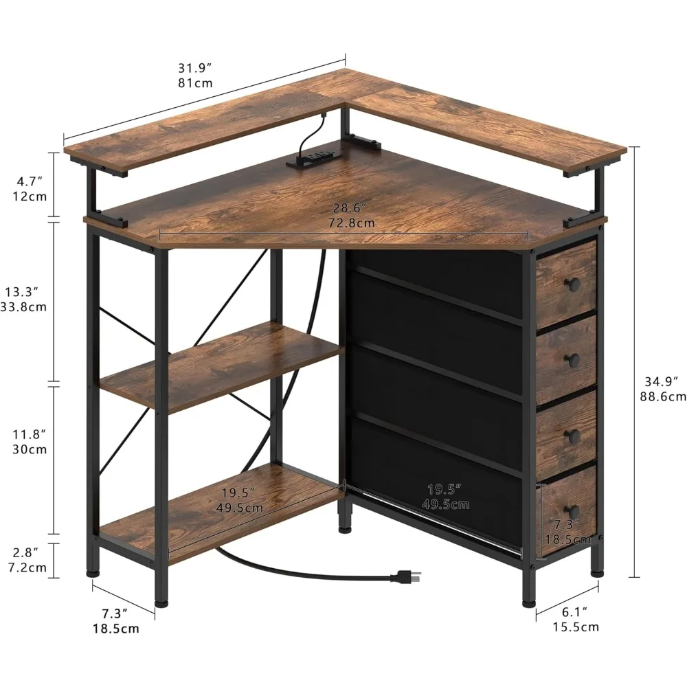 مكتب زاوية مدمج 90 درجة مع إضاءة LED وأدراج ومنافذ طاقة للألعاب والمساحات الصغيرة #3