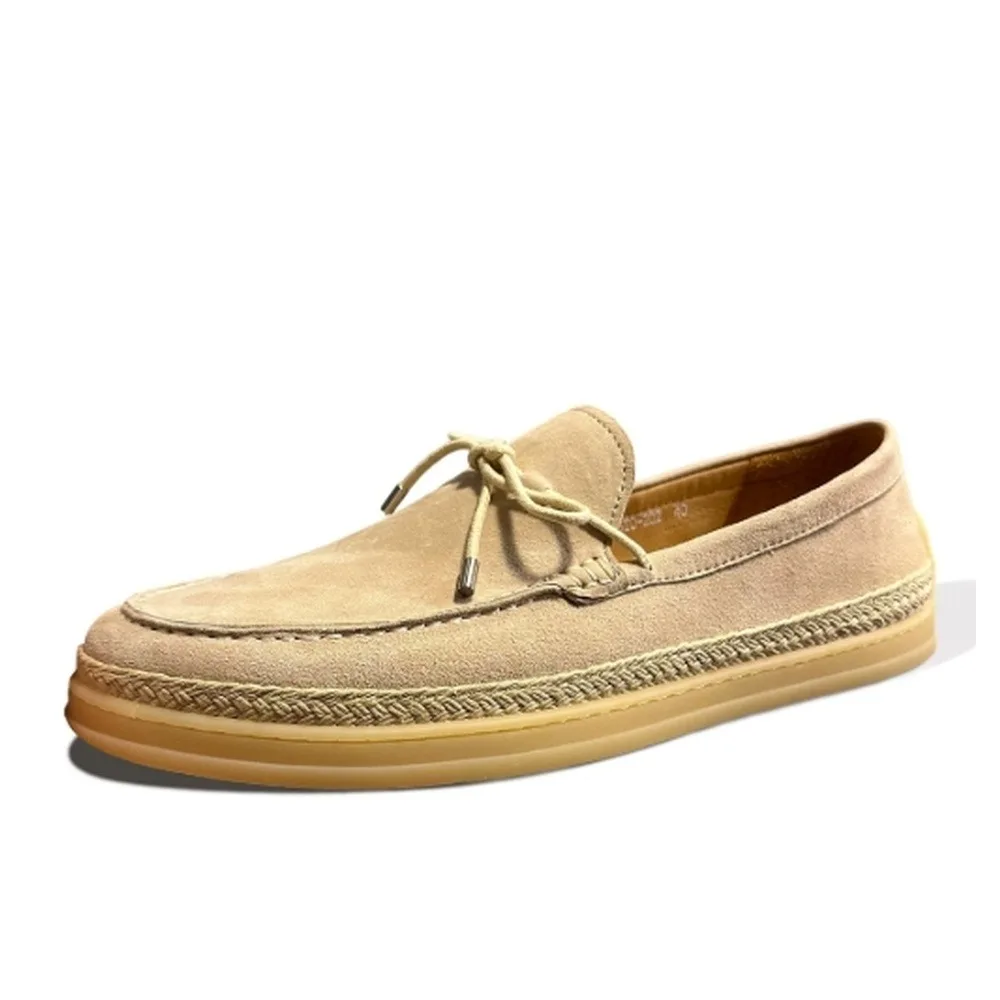 Men's Suede Slip On Boat Shoes, Straw Woven Espadrille Loafers, Breathable Flat Casual Shoes For Outdoor Summer Daily Wear