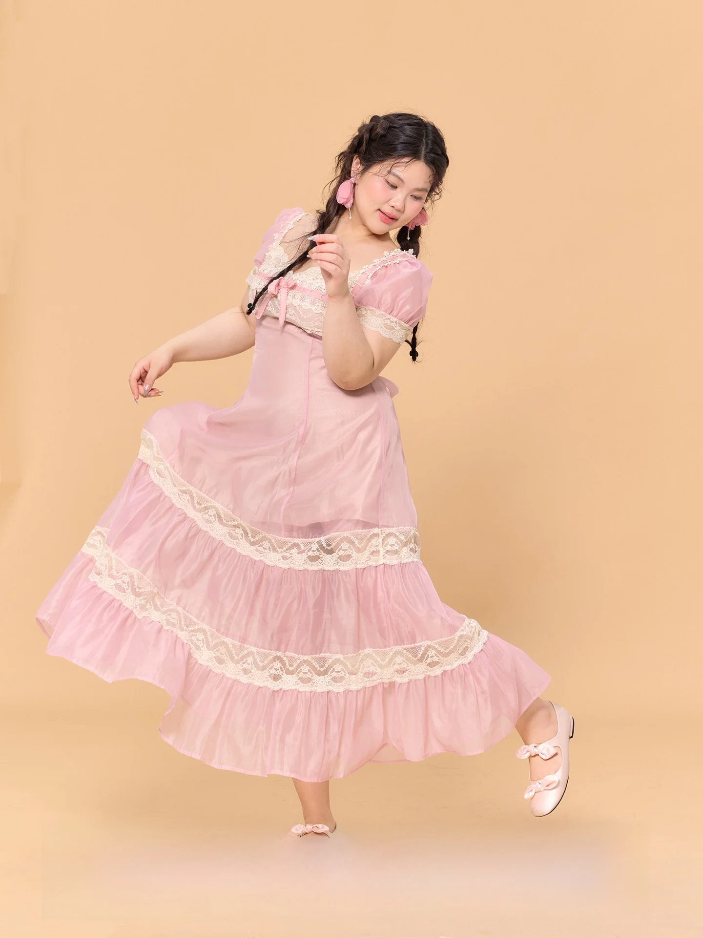 

Large Size Women's Long Dress Pink Lace Splicing Knot Princess Style A-Line Skirt Back Zipper Casual Spring Summer