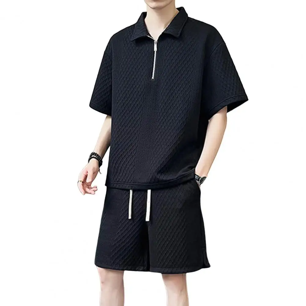 T-shirt Shorts Set Men's Casual Outfit Lapel Zipper T-shirt Elastic Waist Shorts Set Stylish Solid Color Waffle Texture