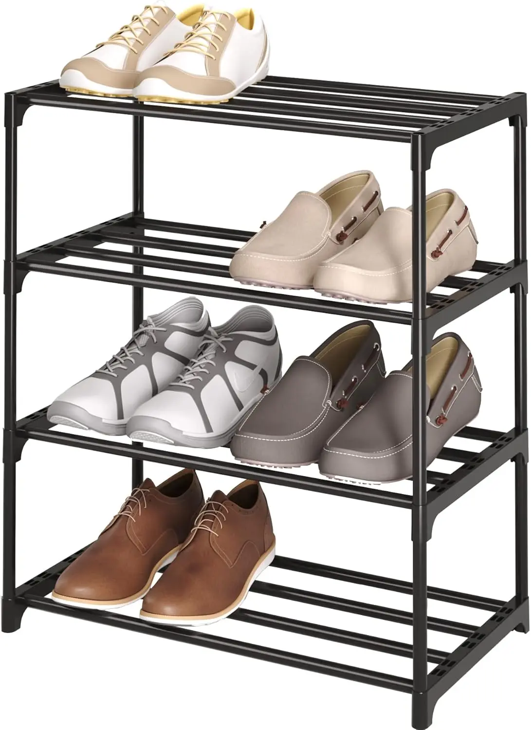 

4-Tier Small Shoe Rack, Metal Stackable Kids Shoe Shelf Storage Zapateras Organizer,Narrow Shoe Rack Sturdy for Closet Hallway E