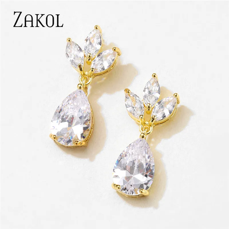 ZAKOL Sliver Color Crystal Water Drop Earrings for Women Cubic Zirocn Leaf Bridal Earring Wedding Jewelry Wholesale EP2398