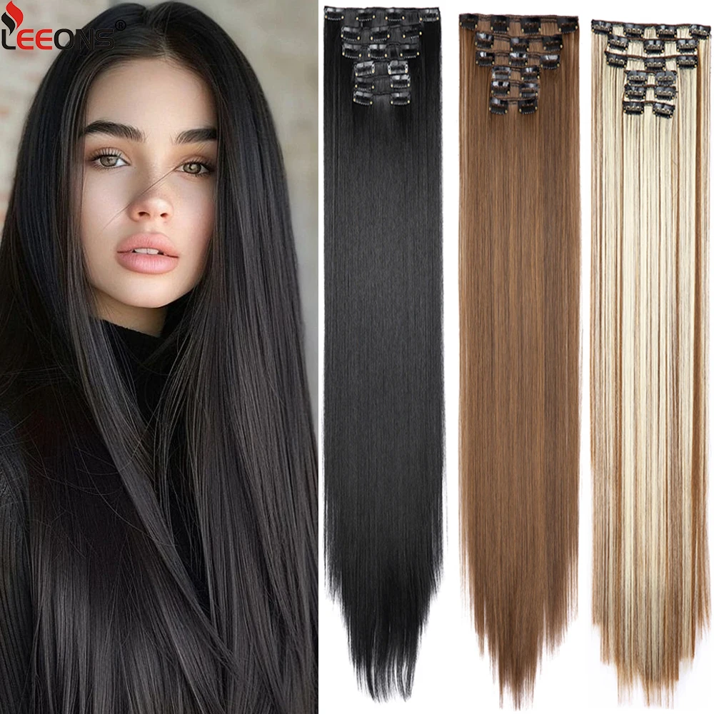6Pcs/Set 16 Clips In Hair Extensions Black Brown Straight Synthetic Hairpieces 30Inch Thick Hair Extension For Girls Daily Use