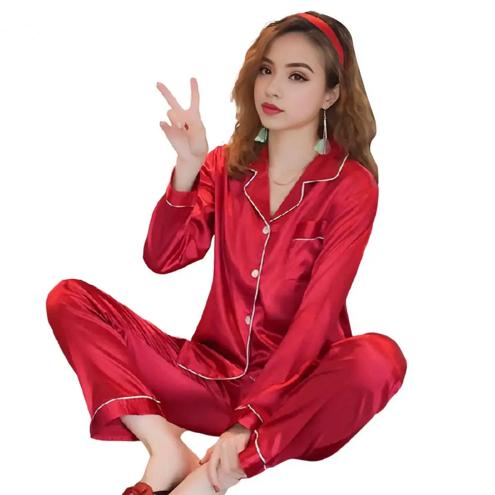 Women Two-piece Loungewear Set Milk Silk Pajama Set Elegant Silky Ice Silk Women's Pajamas Set with Lapel Collar Long for A