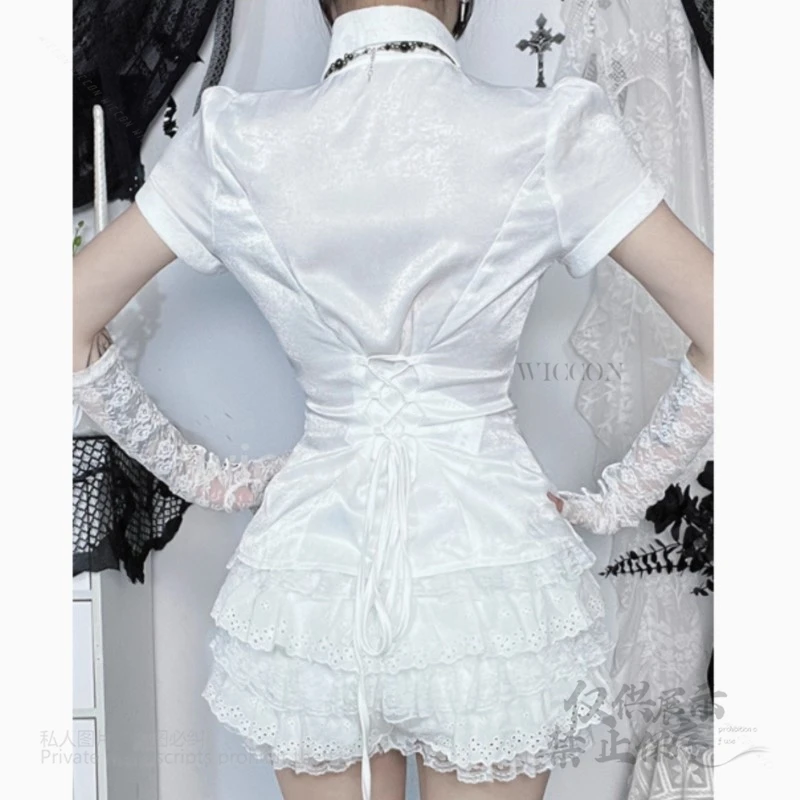 Y2K Jirai Kei Stil Süßes Kurzarmshirt Top Weiße Spitzenbluse Puffy Rock Mädchen Set Top Kleid Damen Outfits Halloween Neu