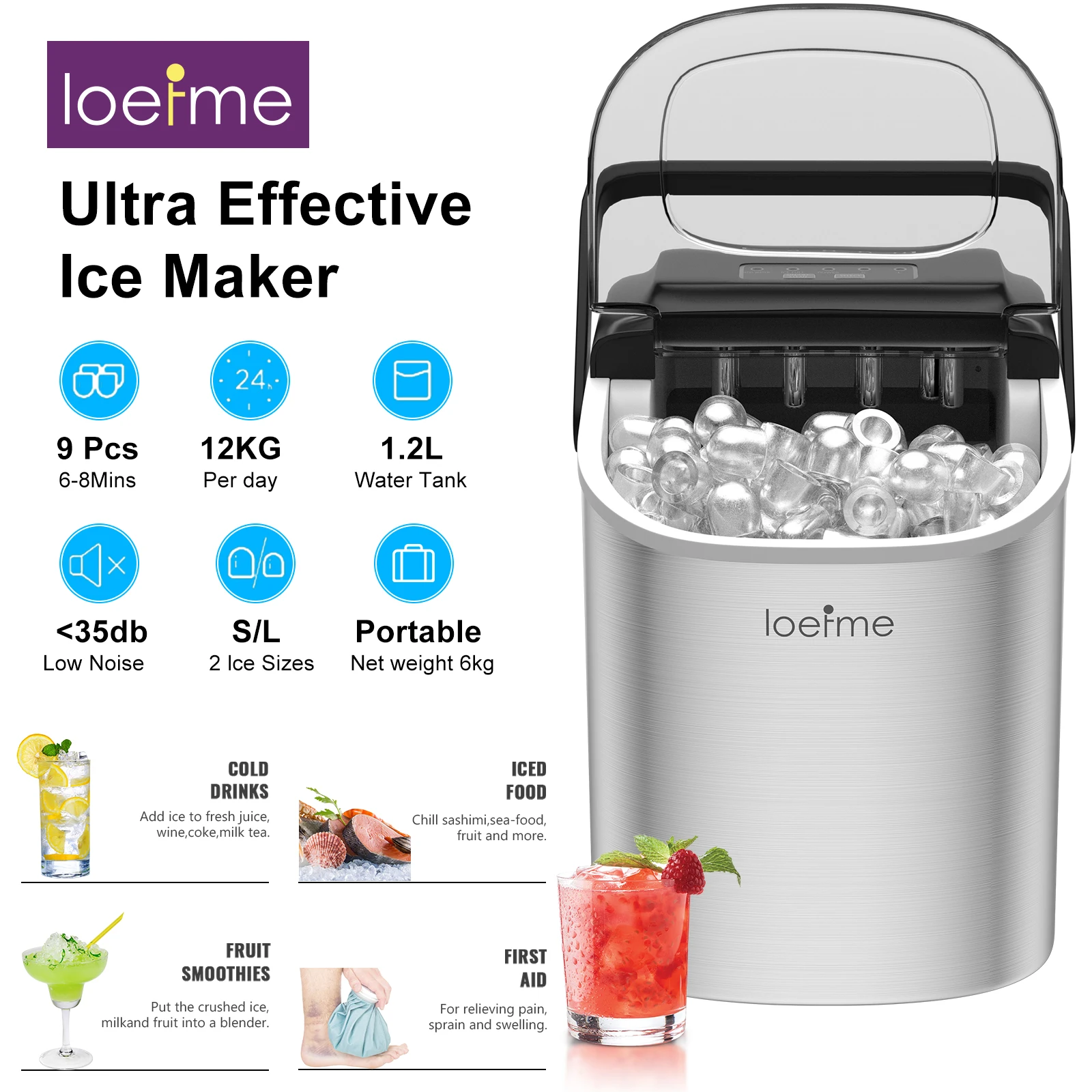 LOEFME Mini Machine à glaçons Portable entièrement automatique en forme de balle 12 kg/24 h 6 Minutes/9 pièces glaçons avec cuillère Machine à glace professionnelle