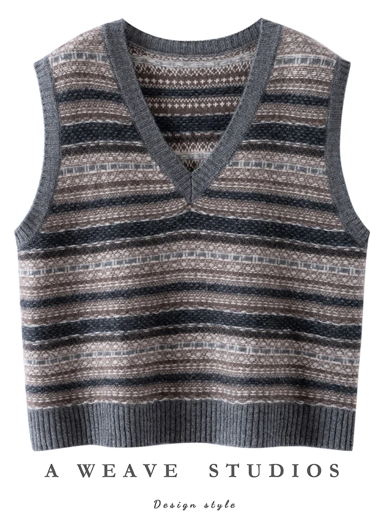 

Vintage Vests Women's V-neck Jacquard Pullover 100% Cashmere Sweater Autumn Winter Fair Isle Style Sleeveless Waistcoat Knitwear