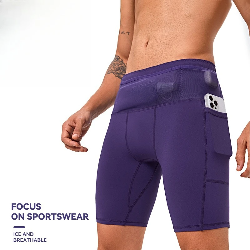 Fanny pack storage sports elastic leggings men's five-point running fitness pants cycling sports quick-drying marathon shorts