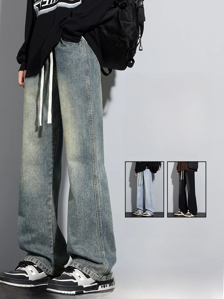 

Loose Straight Leg Men's Jeans Flared High Street Vintage American Casual Cotton Polyester Blend Wear Resistant Autumn Wear